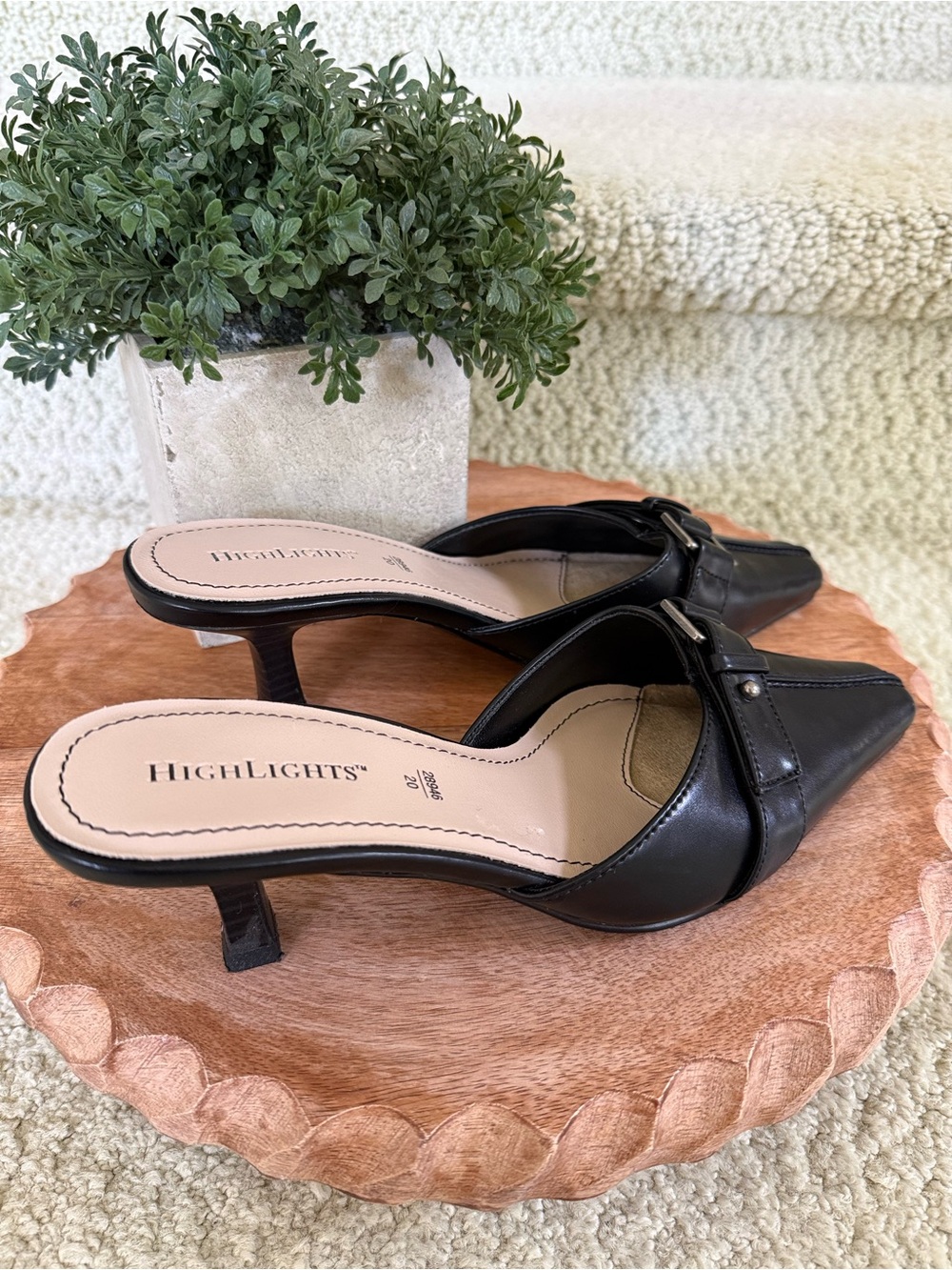 Highlights Black Vegan Leather Mule Heels with Buckle. - Picture 3 of 8